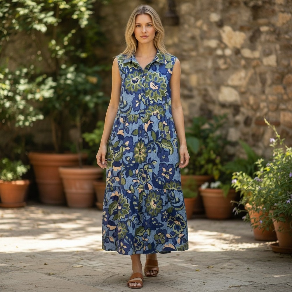 Rachel Zoe Women's L Blue Floral Tiered Sleeveless Midi Dress Cotton Cottage